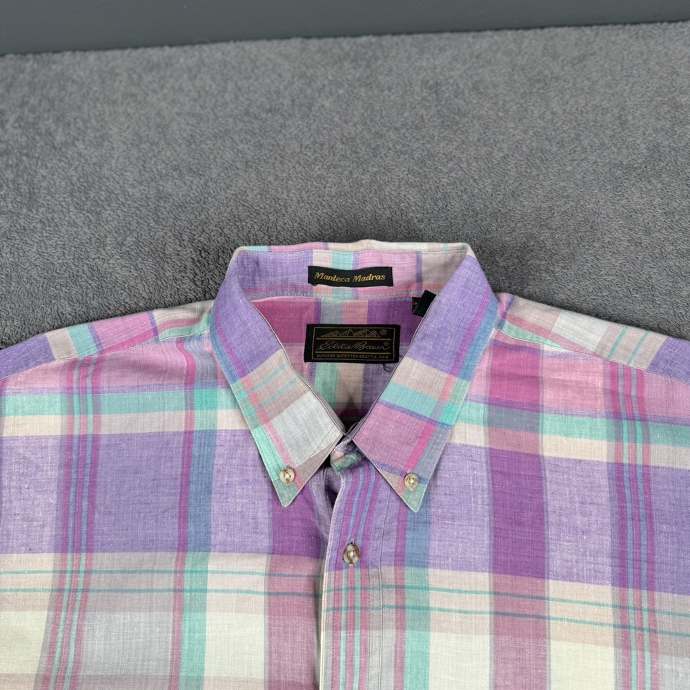 Vintage Eddie‎ Bauer Shirt Mens XL Manteca Madras Plaid SS Hike Fish Preppy